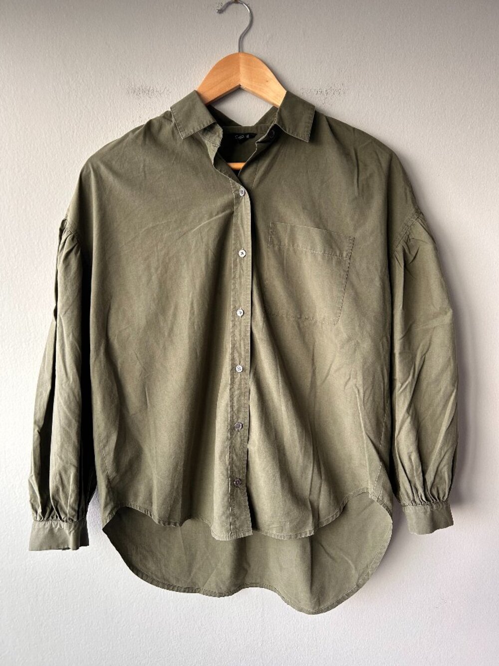 Rails Janae Olive Smoke Button Down Shirt Puff Sleeve High Low XS